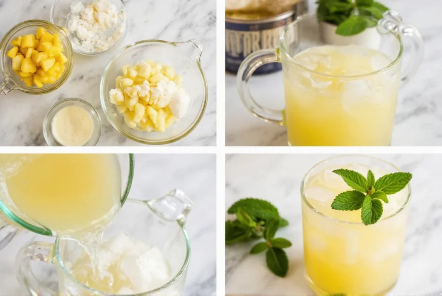 Step-by-step preparation of homemade pineapple ginger ale showing fresh ingredients, mixing process, and final presentation in a glass with mint garnish