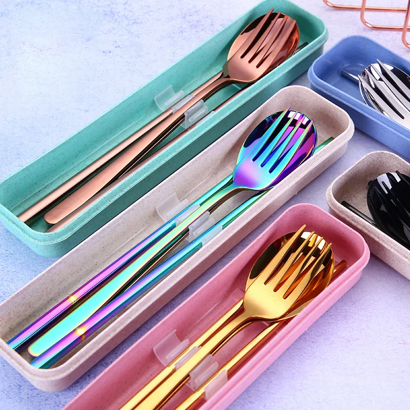 

3 pcs/Set Spoon Chopsticks Fork Utensil 18/8 Stainless Steel Cutlery customization logo Travel Portable Flatware Set, Black,gold,rose gold,silver