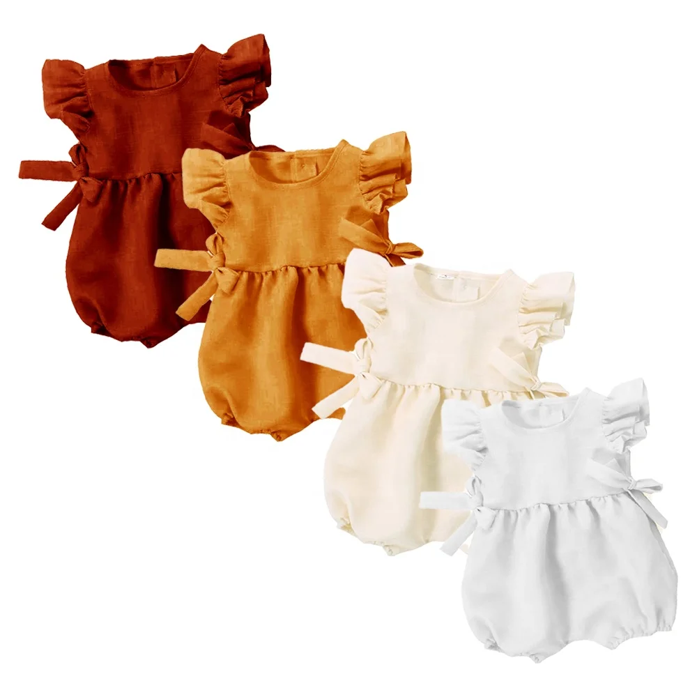 

Hot Sale Linen Baby Girls Rompers Boutique Baby Clothes Summer Toddler Infant Jumpsuit Flutter Sleeve Wholesale Baby Romper, 17 colors and accept customized