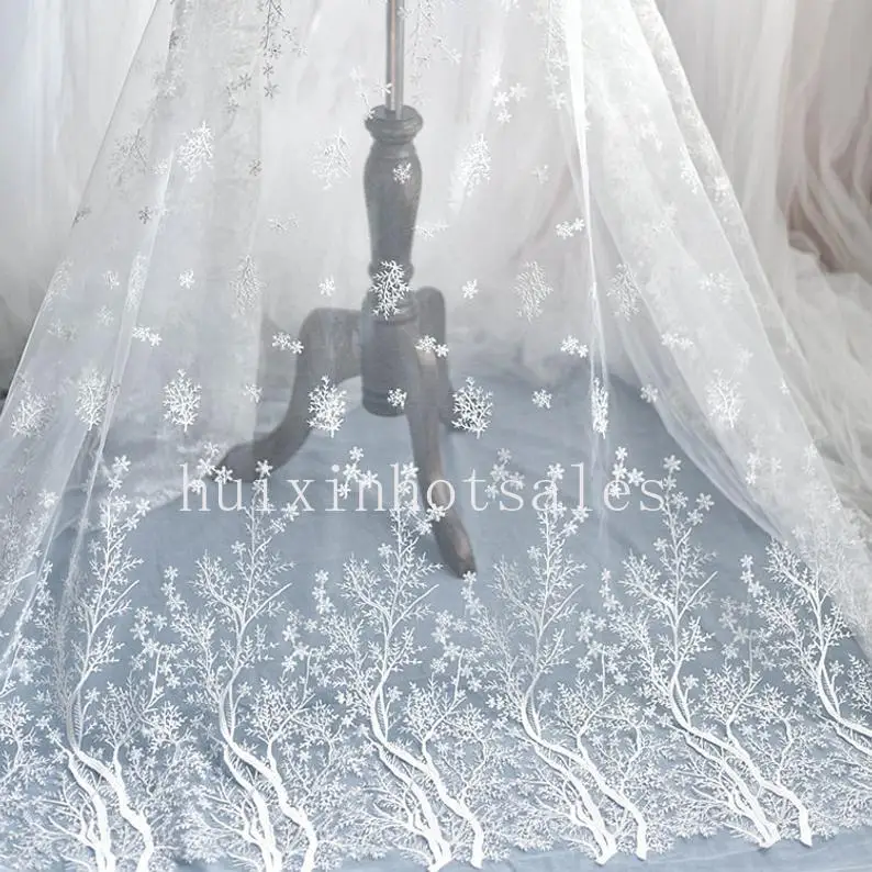 

Beautiful Venice Lace Fabric Tree Snowflake Flower Embroidered Off White Tulle Wedding Dress Bridal Veils By The Yard 51" Wide