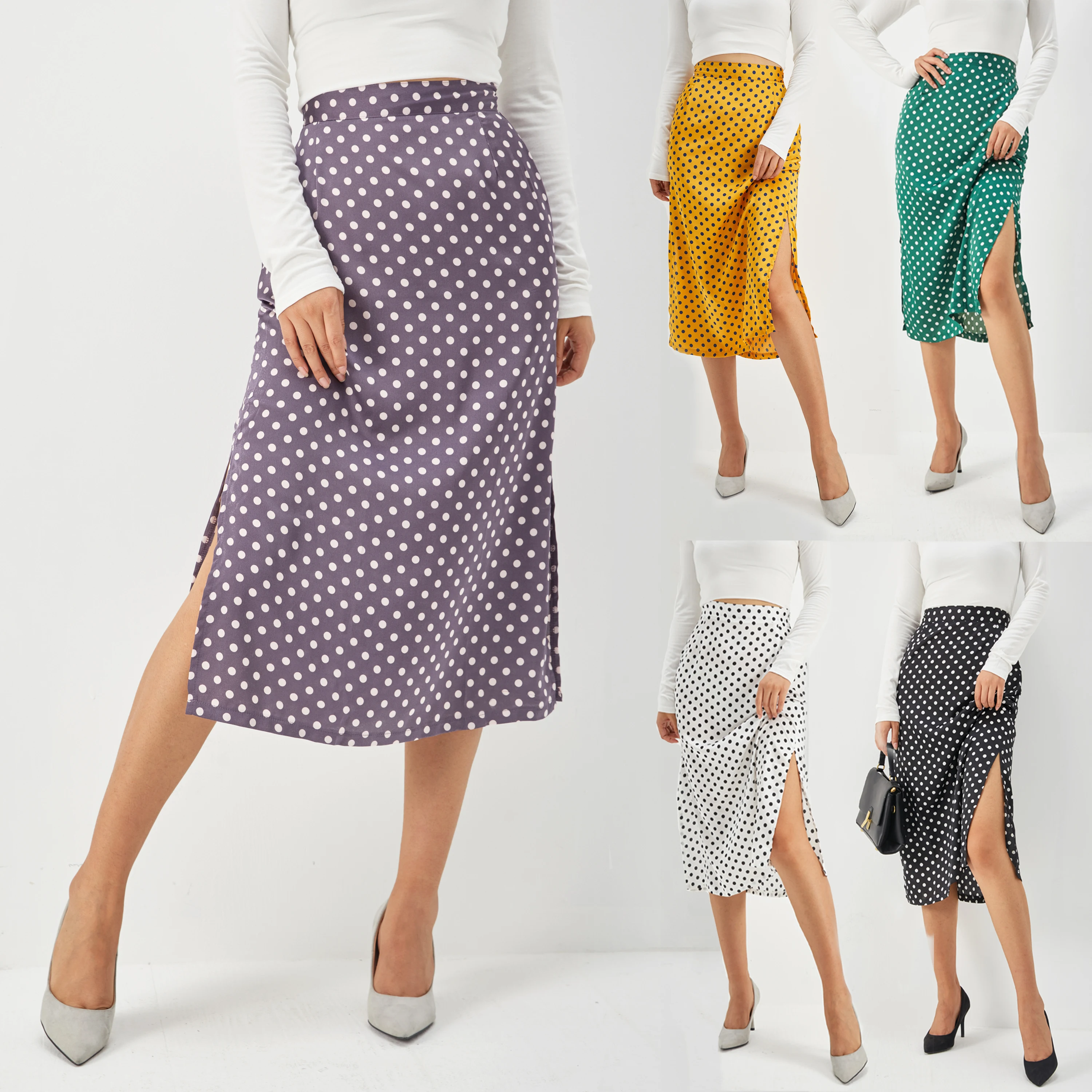 

new brief dot print split print skirt women match all saias, Photo color