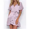 2019 Ladies Clothes Casual Short Sleeves Ruffles Wrap Dress Women Work Apparel