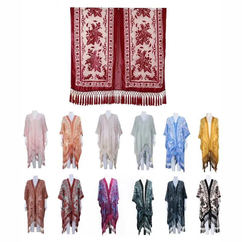
Wholesale Ladies tassel blouse Burnout velvet kimono 