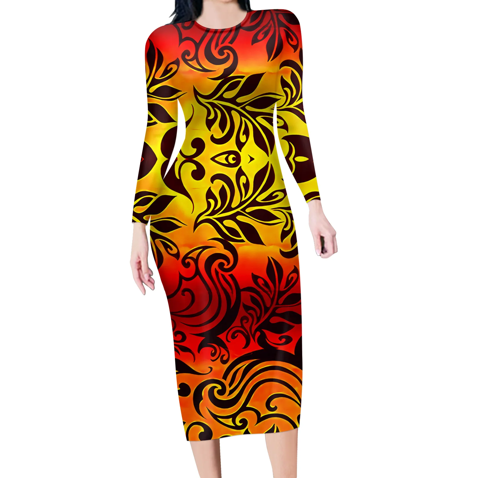 

4XL Hot Sales Polynesian Samoan Traditional Tribal Print Women Dresses Plus Size Long Sleeve Bodycon Evening Dress For lady, Customized color