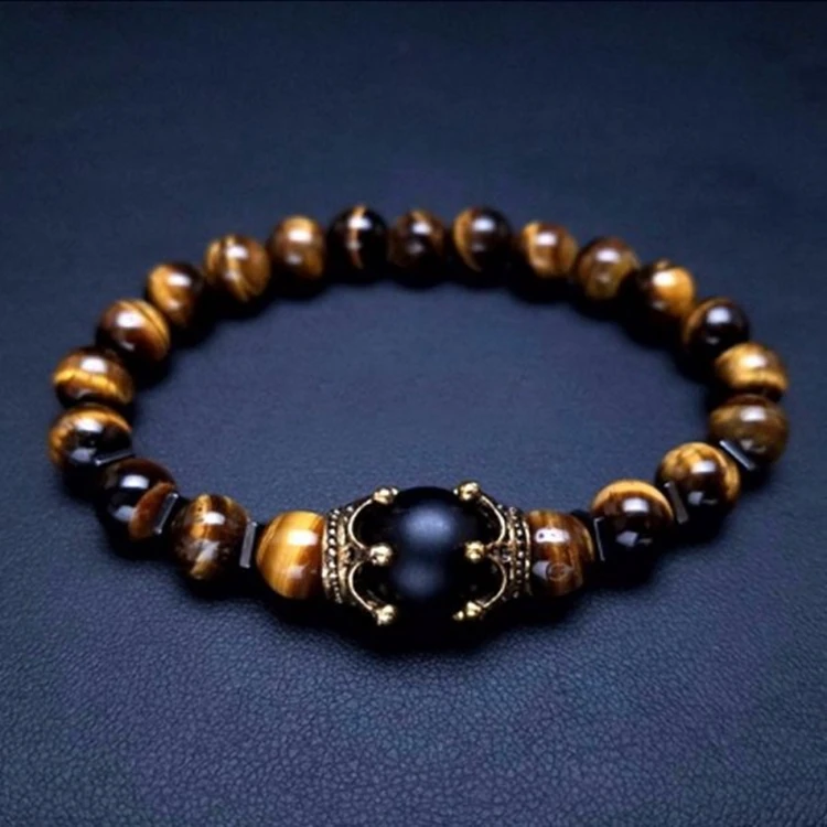 

Charm Fashion Natural Jewelry Elasticity Antique Crown Blue Tiger Eye Stone Beaded Men Bracelet, As shown