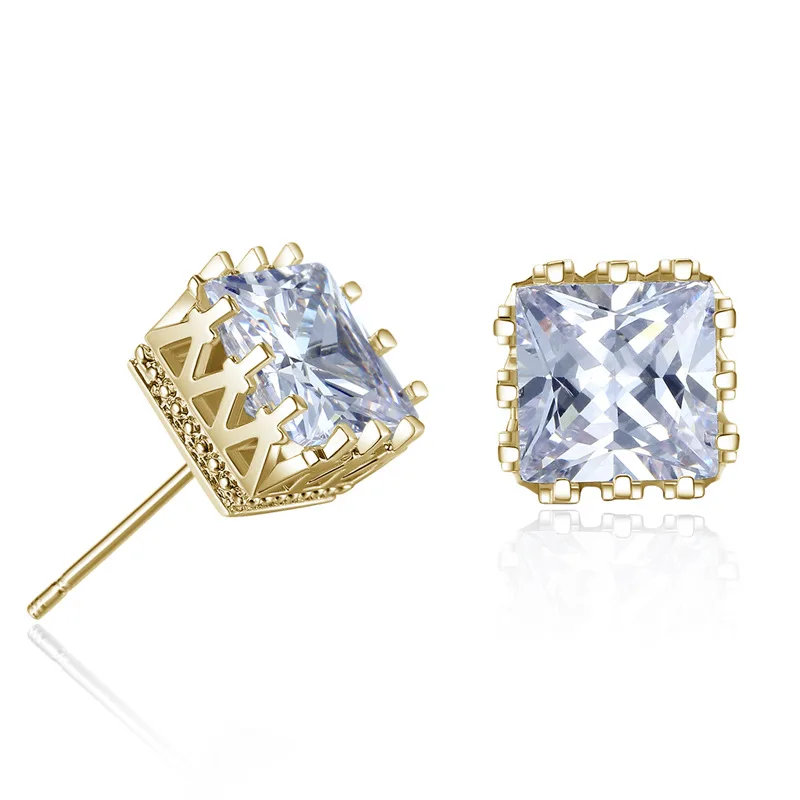 

High Quality Couple Silver Jewelry Earrings Crown Hollowed Square Zircon Crystal Stud Earrings