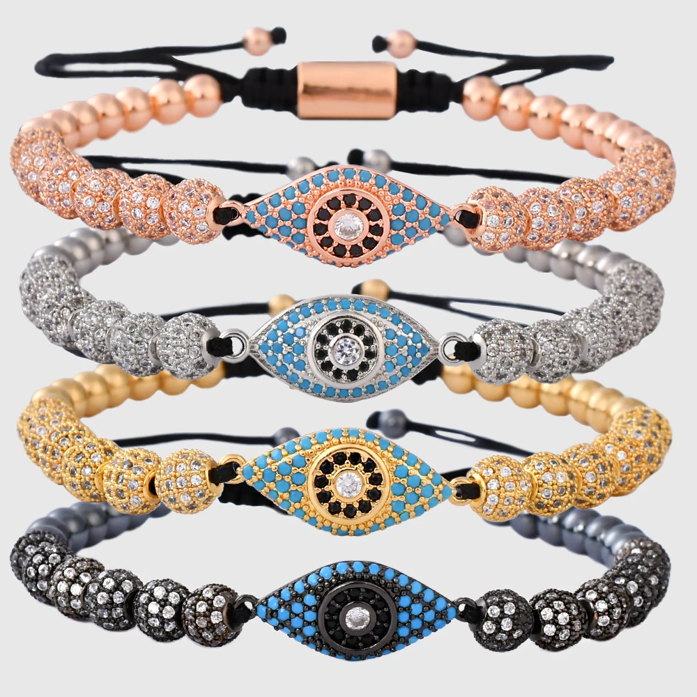 

F306 Handmade Jewelry Adjustable Micro Inlay CZ Rainbow Eyes Charm Bracelet Braid Macrame Evils Big Eyes Bracelet