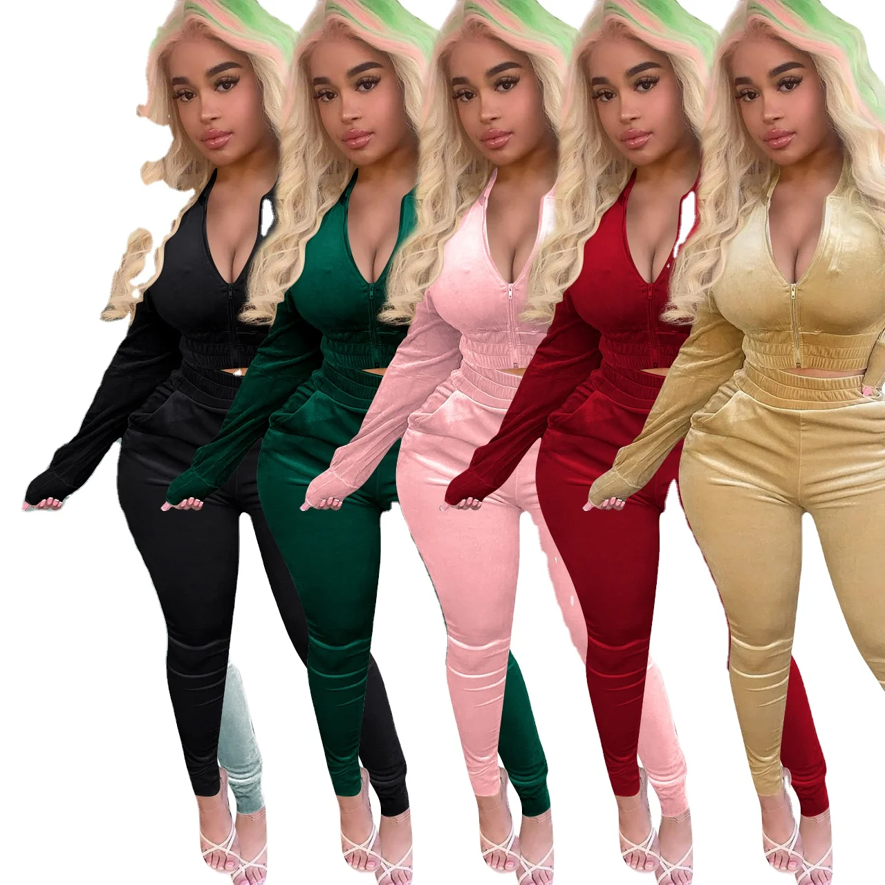 

2021 Fashion casual winter jogger sweatsuit folds velvet sets for women two piece, 5 colors