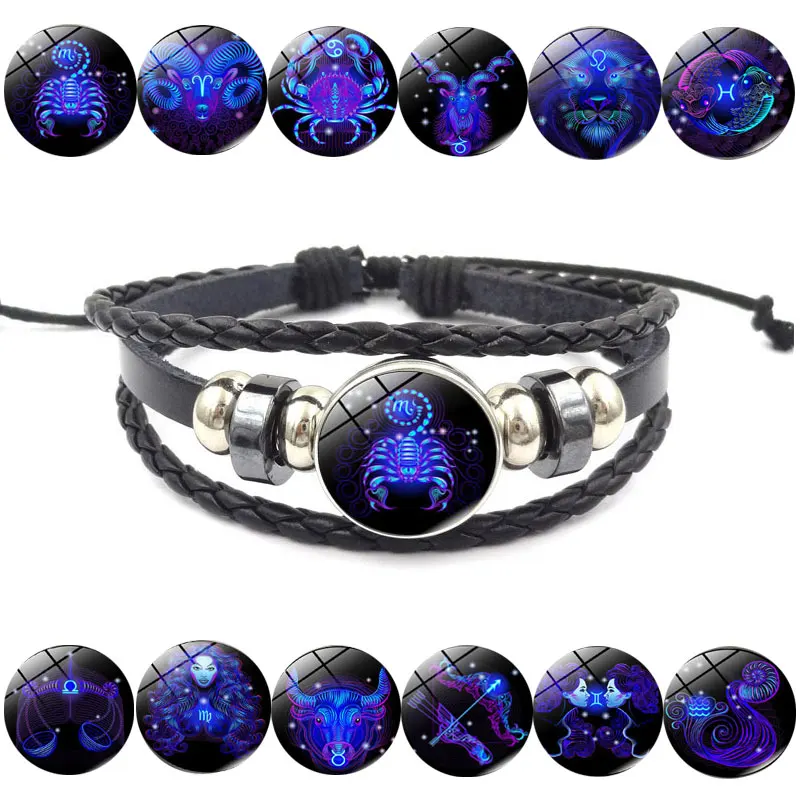 

12 Zodiac Bracelet Constellations Mens Bracelets Beaded Handmade Charm Leather Bracelet Punk Rock Women Jewelry