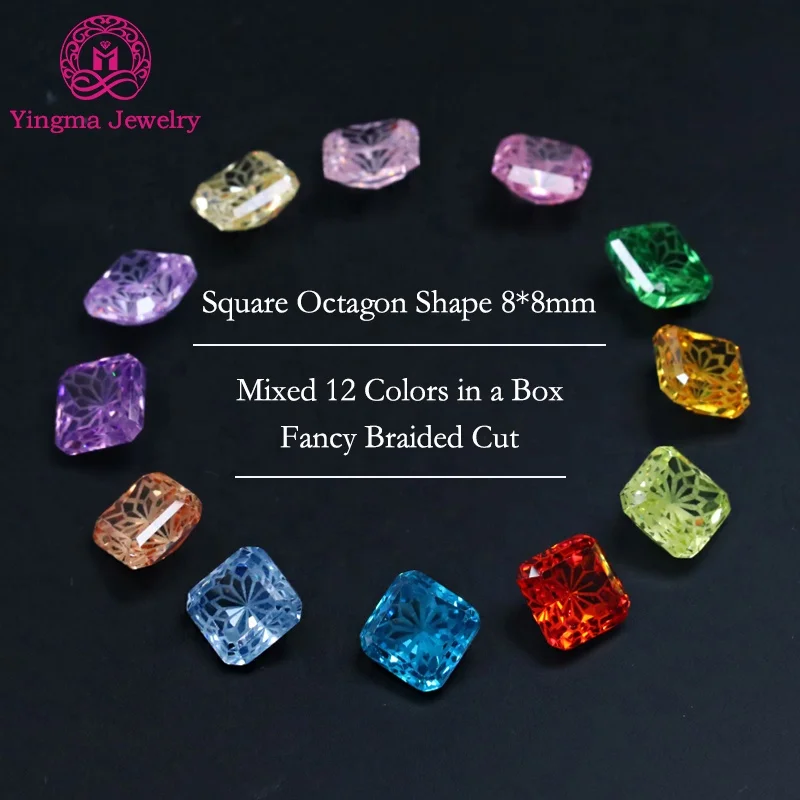 New Trends 8*8 MM Cubic Zirconia Stone Fancy Braided Cut Square Octagon Shape 12 Colors Heat-treated Loose Zircon Gemstones