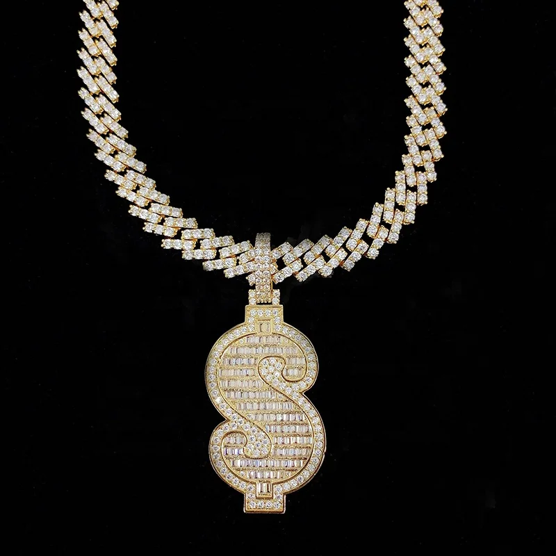 

iced out lab diamond dollar sign gold plated rapper jewelry hip hop necklace pendant, Gold color