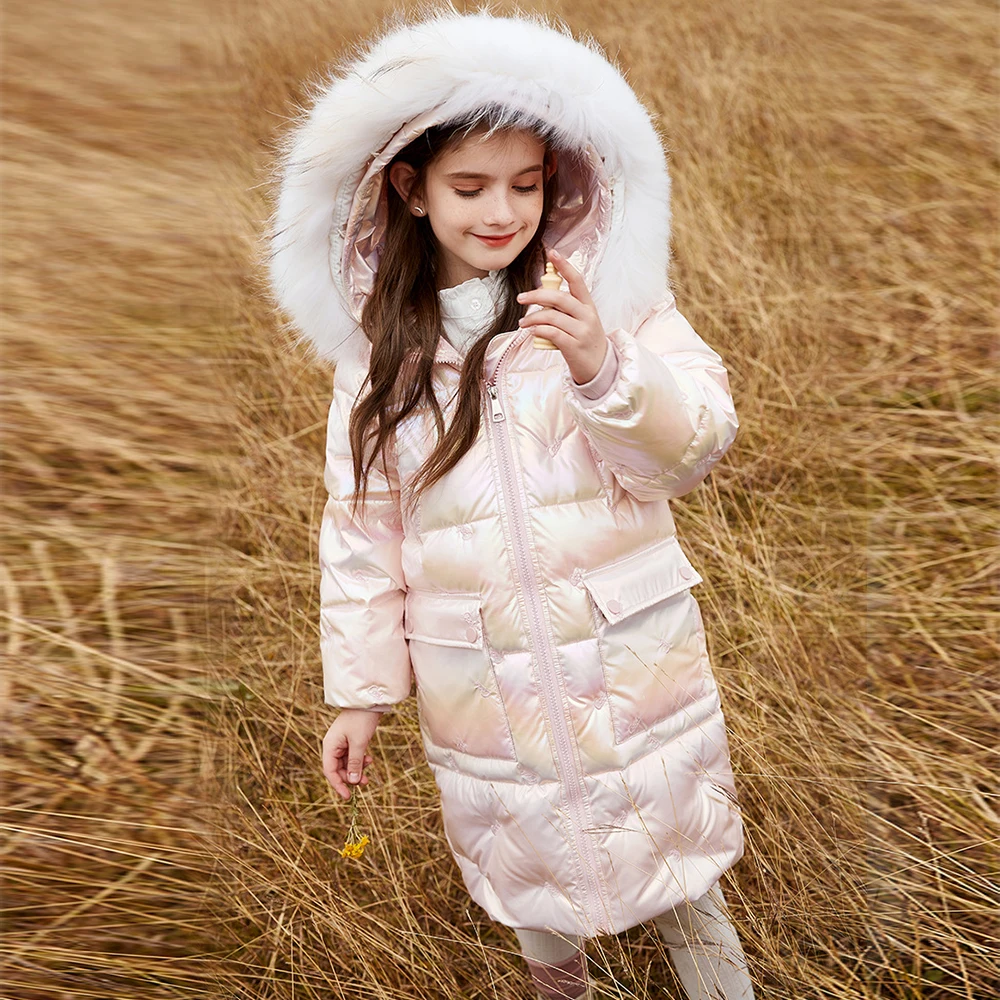 

girl kids puffer white duck down bubble coats long quilted jacket winter with fur collar