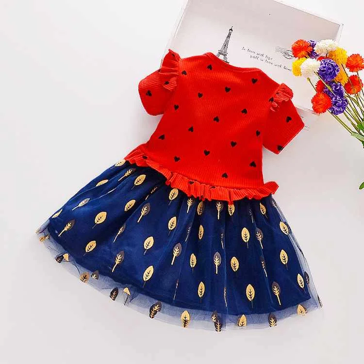 

Splicing Knitting Princess Dress Cute Sweet Style Children Floral Short Skirt Summer Short Sleeve Cotton Dress Children Wear