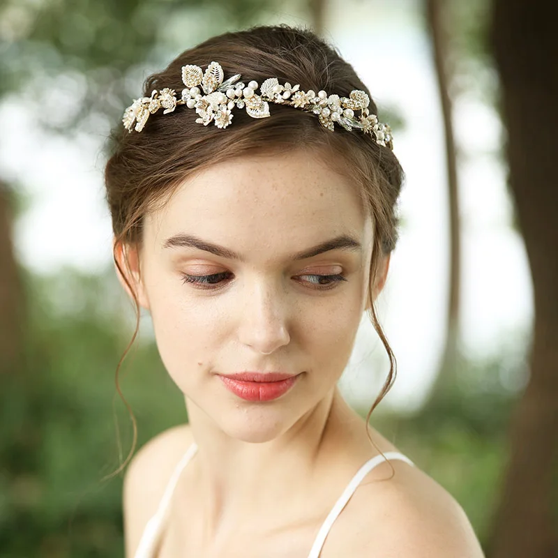 Pearl Flower Hair Piece Glass Bead Wedding Bridal Hair Accessory Alloy Headband 
