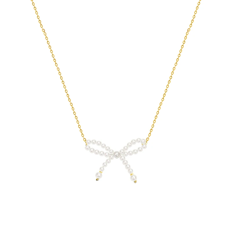 

Retro Imitation Pearl Bow Pendant Titanium Steel Necklace Clavicle Chain Accessories Plated In 18K Gold