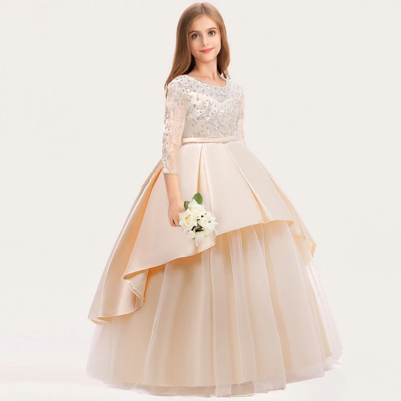 

mqatz Long Sleeve Princess Evening Gowns Baby Girl Birthday Wedding Party lace Dress LP-233