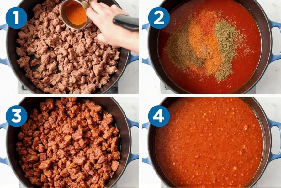 Step-by-step preparation of Ike's Chili showing browning meat, adding spices, and final simmering stage
