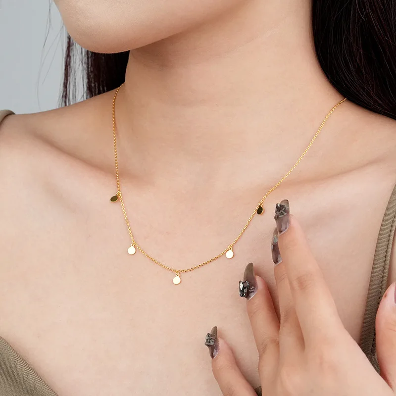 Wholesale Fashion Silver Necklace Jewelry 925 Sterling Silver Small Round Dise Gold Plated Chain Necklace Women