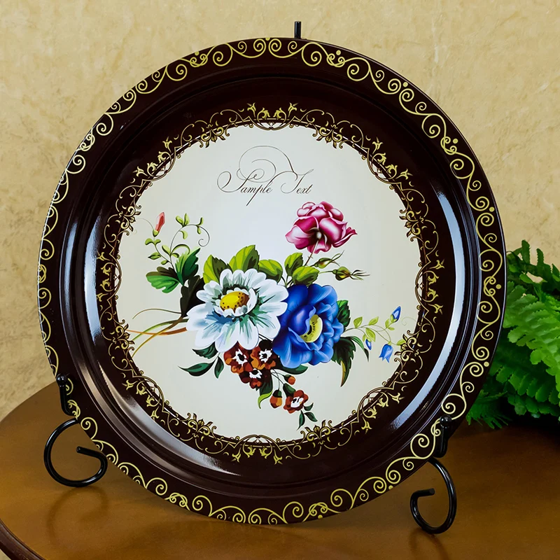 

2021 New Arrival Printing Fruit Tray Size Diameter 30cm Gold Metal Tray