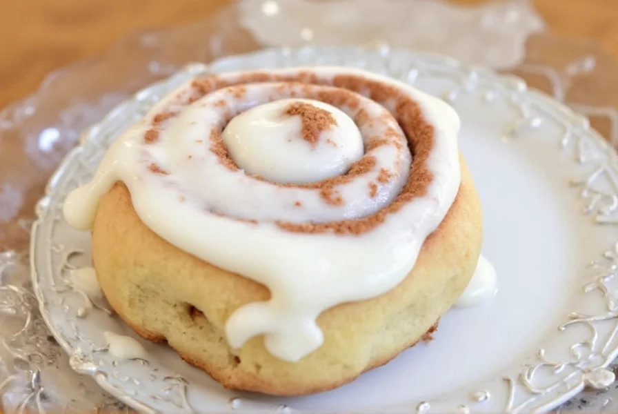 Close-up of cream cheese-free cinnamon roll icing being drizzled over freshly baked rolls