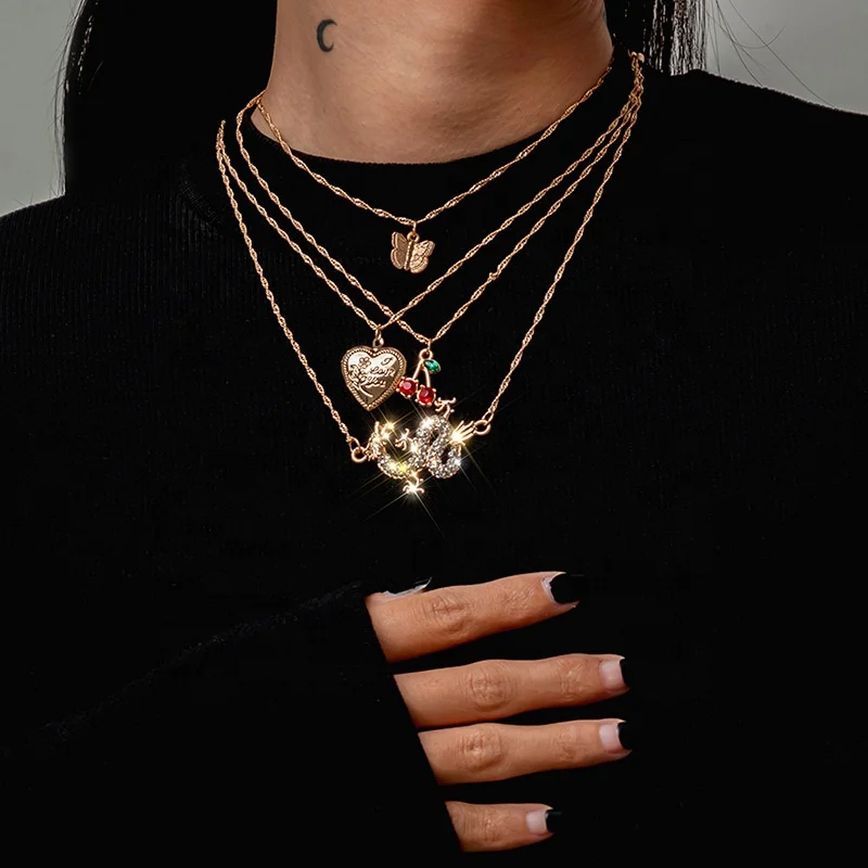 

Retro Multi Layering Heart Butterfly Dragon Pendant Necklaces Red Crystal Cherry Charm Necklace Jewelry for Women Lady, Picture shows