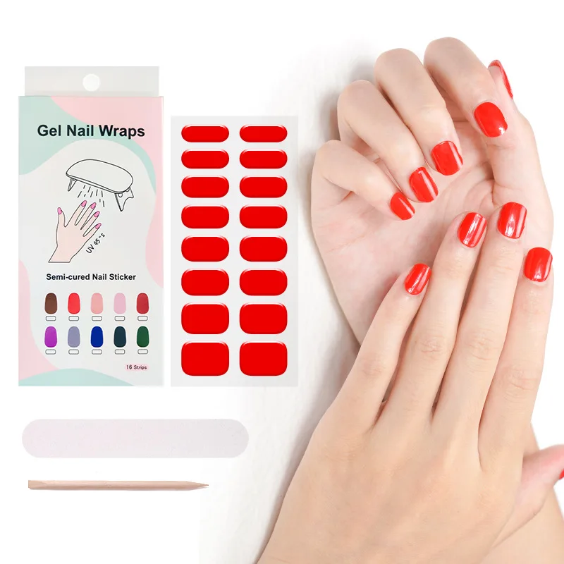 

3D Uv Real Gel Polish Strips Solid Color Nail Patch Semi Cured Nail Strips Wraps Gel Nail Stickers