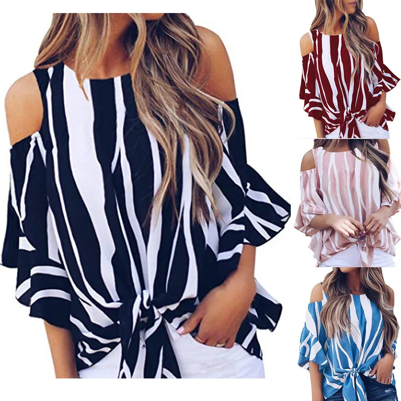 

WW-0086 Vertical stripes round collar off-the-shoulder horn 7 minutes of sleeve recreational coat off shoulder woman tshirts and, Customized color