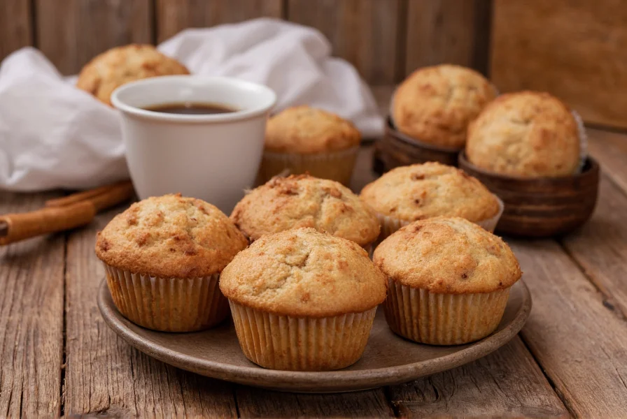 Freshly baked cinnamon muffins served with coffee on rustic wooden table