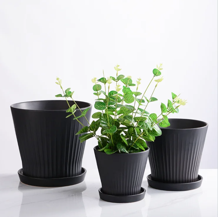 

2020 Nordic style 3pcs set fluted Ceramic Plant Pots Custom Print Flower Pots with saucer Indoor Garden pots, White/ligntgrey/ivory/dark grey