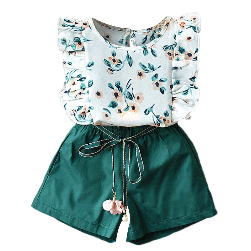 

Girls Sets New Summer Casual Girl Clothes Floral Kids Sets Sleeveless T-shirt+Solid Shorts Children Clothing 3 7Y