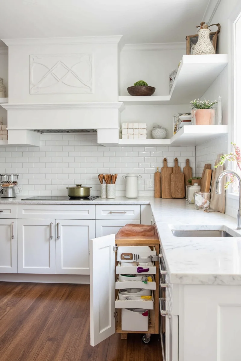 Vertical kitchen organization ideas with hanging pots and shelves