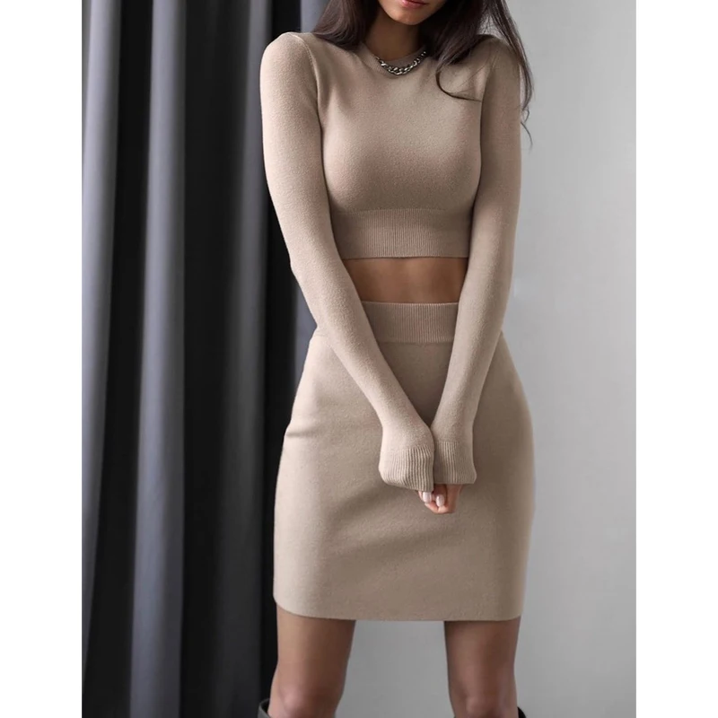 

Free shipping new fashion temperament elegant casual hip wrap skirt long sleeve two-piece set solid color women's knit dresses