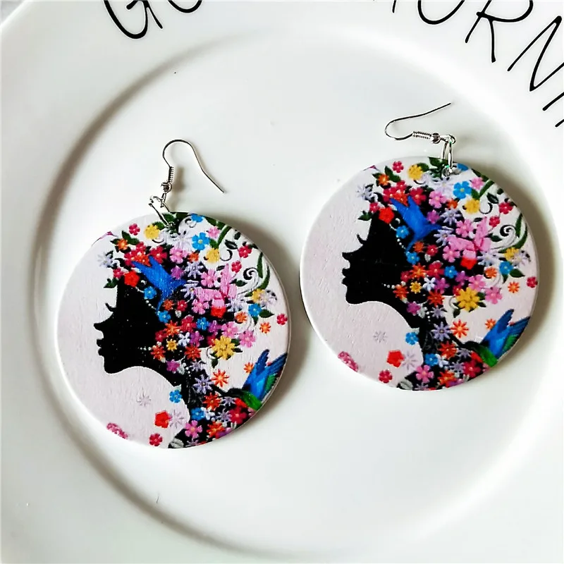 

Colorful Painting Africa Wood African Flower Dream Girl Earrings Vintage Jewelry Wooden DIY Earrings Accessory