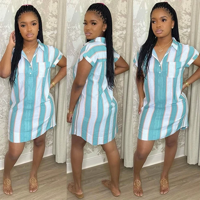 

Simple Style Leisure Striped Button Up Notch Collar Short Sleeve Short Dress Women Summer Wholesale Casual Shirt Dress-YS, Blue