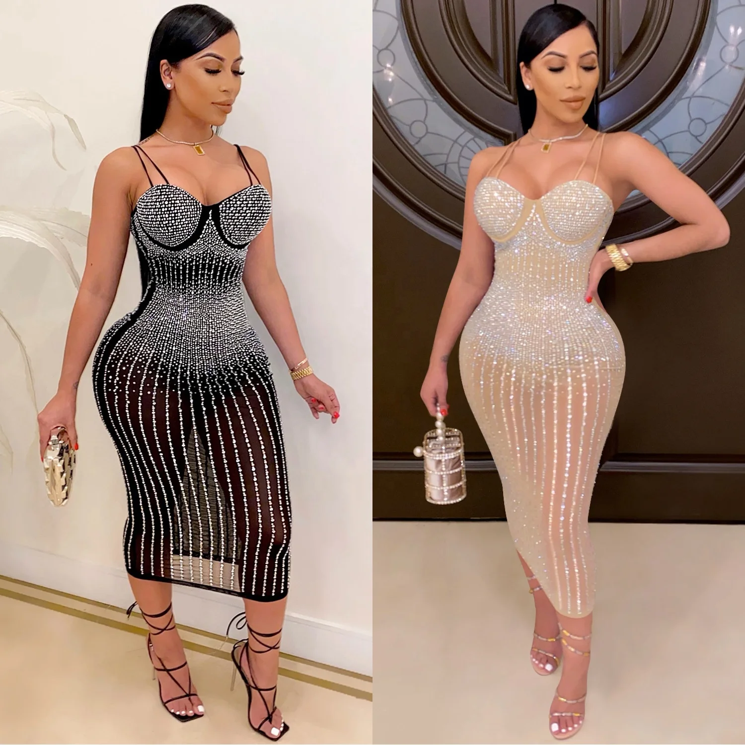 

DLL Plus size clothing Sexy bodycon off shoulder casual solid drill sequins summer outfits club slip dress women dresses, As picture or customized make
