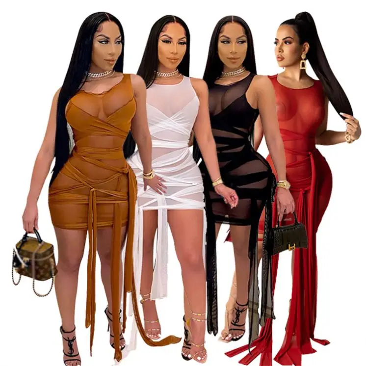

High Quality Hot Sale 2021 Spring Sexy Women Clothing Mesh Plus Size Dress Women Elegant Club Party Casual Dresses