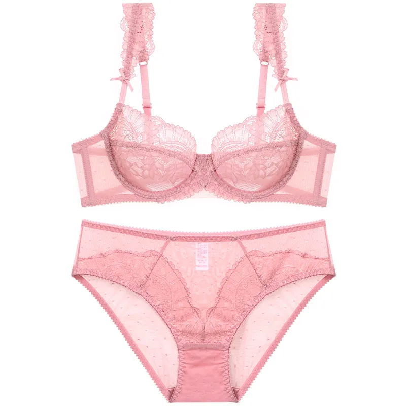 

Plus Size Women Panties Breathable Transparent Lace Embroidery Back Close Wire Bra Set