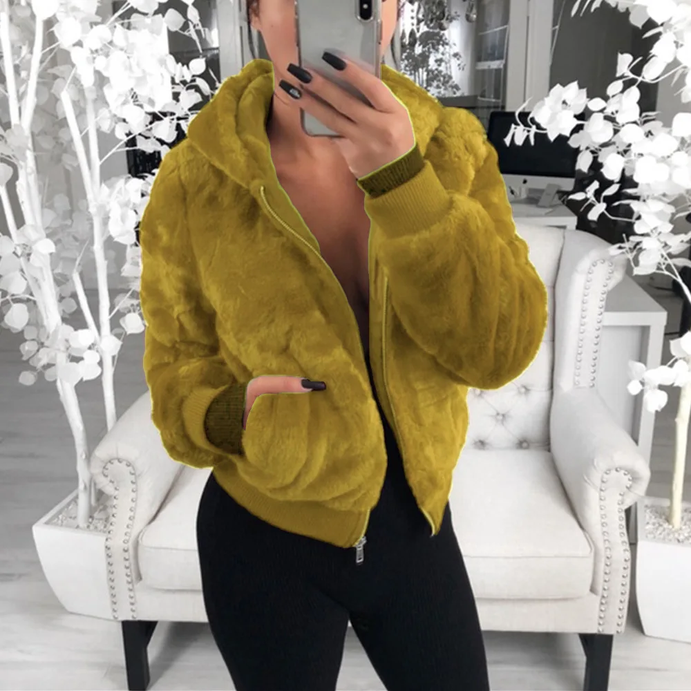 

2020 New Arrivals fashion faux rabbit fur women ladies hooded short faux fur coat