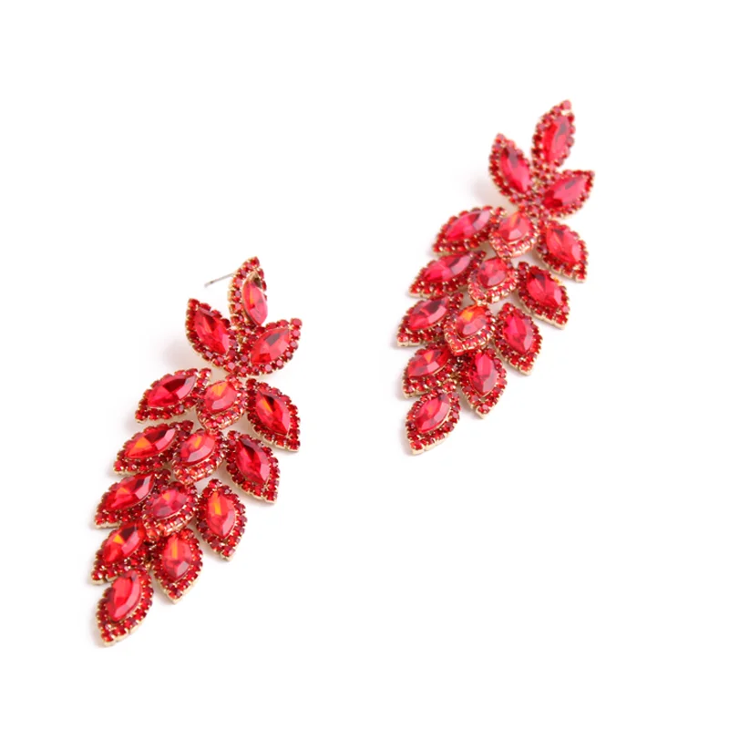 

Hot Selling rich elegant leaves shape red rhinestone charming earrings for Women wedding party fashion earrings