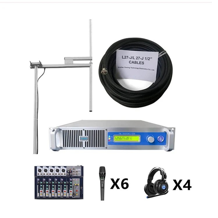 

YXHT 1KW FM Transmitter + 1-Bay Antenna + 100 Meters Cables with Connector + Mixer + 6pcs Microphones