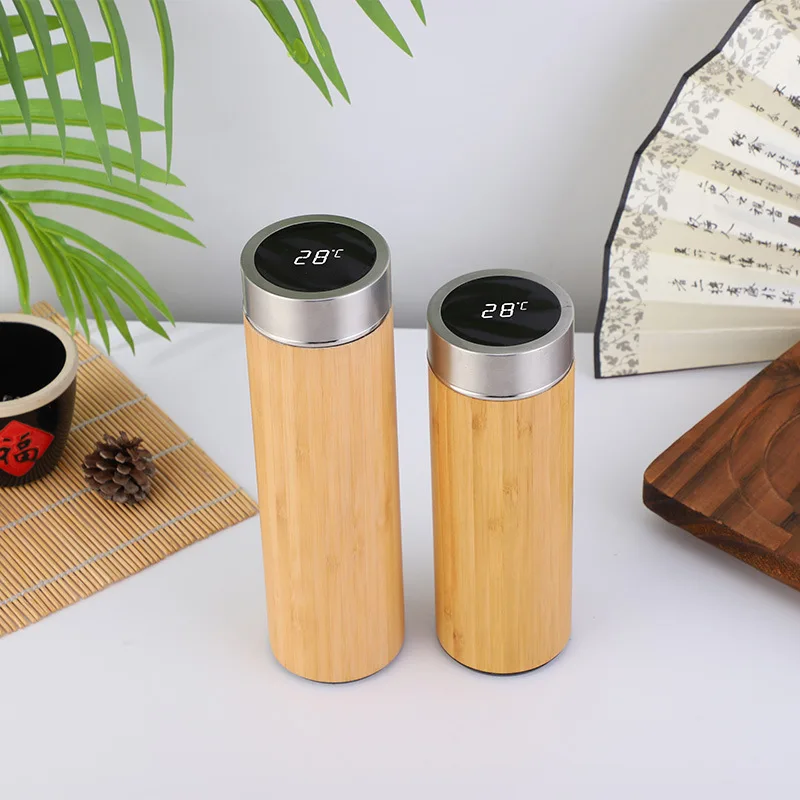 

ST new arrival 17oz temperature display thermos vacuum flasks tea straight cup bamboo smart stainless steel water bottle, As a picture/ custom