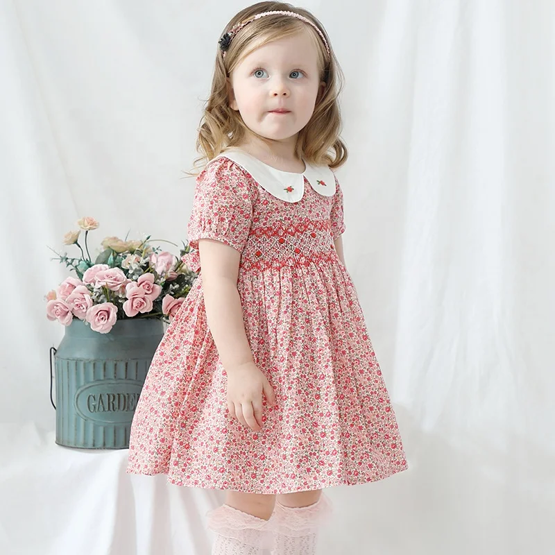 

Kids boutique smocking clothes flower embroidered summer floral baby girls smocked dress, Multi colour options