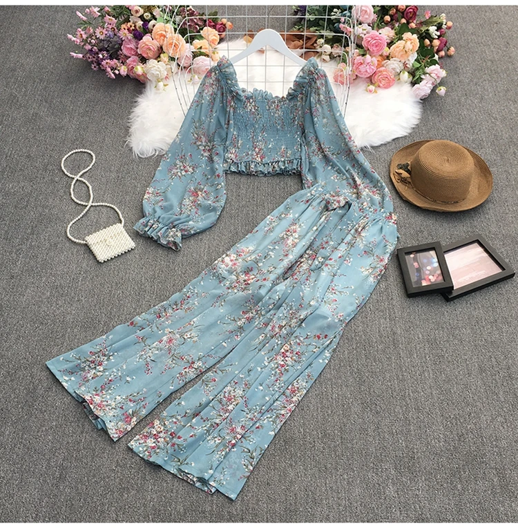 

D330 New Korean Stylish 2021 Floral Print Long Sleeve Crop Top+Pants Set Women's Sets Beach Clothing Wholesale 4