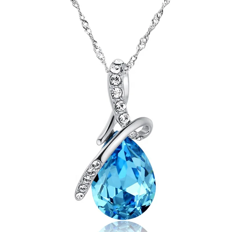 

YTL067 Fashion Austrian Crystal Water Drop Pendant 925 Silver Chain Necklace Jewelry For Women, Blue