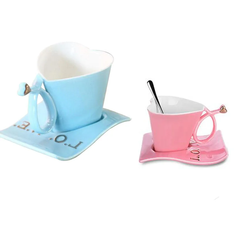 

Fashion Heart Shape Mug Ceramic Coffee Cups Set Coffee Cup+saucer Loves Tea Cup Set For Couple Mugs Gift