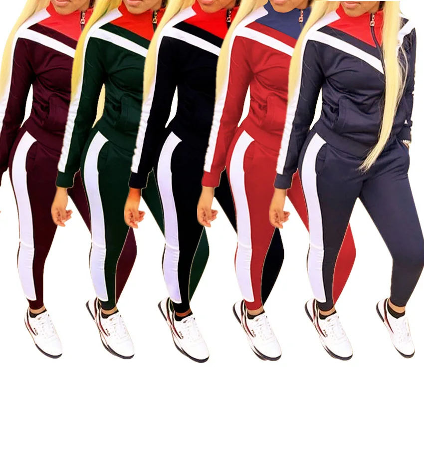 SAJ6032 custom logo winter spandex patchwork long sleeve plus size casual two piece set female sweatsuit