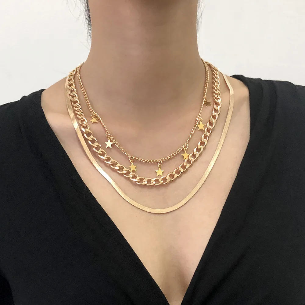 

New Fashion 3 Types Chain Necklace Jewelry Star Shape Circle Pendant Necklaces Set Cuban 24k Gold Necklace Jewelry
