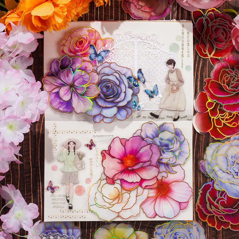 

10Pcs/Pack Camellia Open Notebook Sticker Package Retro Three-Dimensional Gilding Children's Stickers