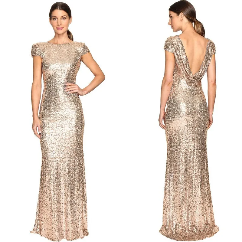 

Hot Selling Full Sequined Long Slim U-shaped Halter Evening Dress Wedding Gold Color Dress