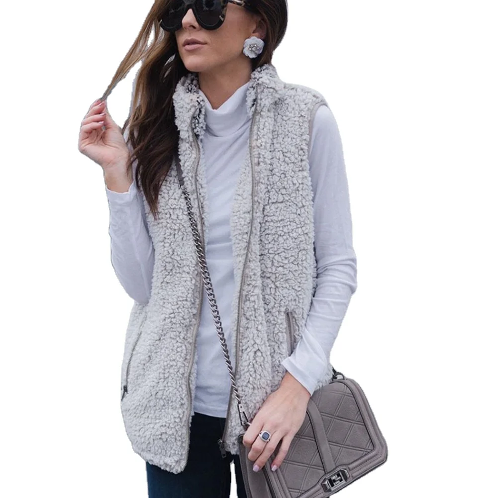 

New 2021 Autumn and Winter Furry Zip Pockets Turtle-Neck Vest Tank Top Outdoor Jackets